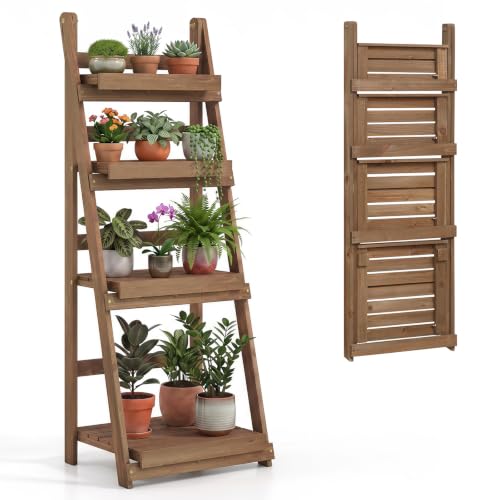 GIANTEX Foldable Wooden Plant Stand, 4-Tier Ladder Plant Shelf, Brown