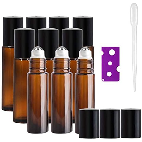 JamHooDirect 10Pcs 10ml Essential Oils Roller Bottles, Refillable Amber Glass Roll on Bottles with Black Lids, Includes 12Pcs Stickers, 1 Dropper & 1 Opener - Great for Aromatherapy, Fragrance Cover