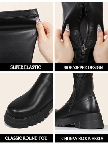CouieCuies Black Thigh High Boots For Women Platform Over The Knee High Boots Lug Sole Comfortable Stretch Boots 6-112