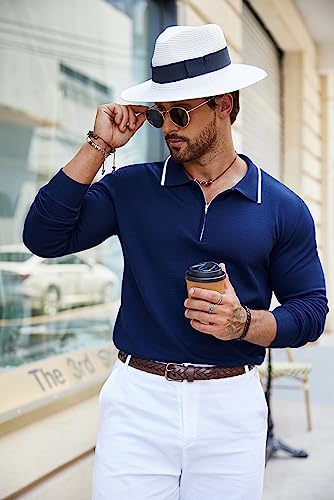 COOFANDY Men's Knit Polo Shirt Long Sleeve Quarter Zip Polo Sweater Casual Golf Shirts Vintage Striped Collar Polo4