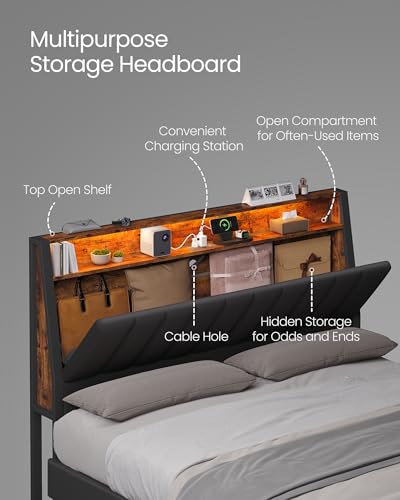 VASAGLE LED Bed Frame Queen Size, Storage Headboard and Charging Station, Queen Bed Frame with 2 AC Outlets, 1 USB Port, 1 Type-C Port, No Box Spring Needed, Ink Black and Rustic Brown URMB841B01