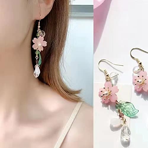 Pink Flower Dangle Earrings for Women: Cute Cherry Blossoms Pearl Leaf Sakura Floral Drop Fairy Floral Tassel Earrings for Summer Holiday3