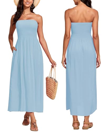 Image of Capuffy Women Strapless Boho Maxi Dress Sleeveless Tube A Line Summer Sundress with Pockets Flowy Swing Beach Dress 33