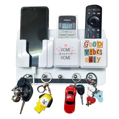 Image of Home Sweet Home & Good Vibes Only Wall Mounted Remote Holder with Key Organizer & Mobile Charging Stand | 3-in-1 TV AC Remote Holder Wall | Premium ABS & Acrylic | Positive Home Wall Decor(good vibes)