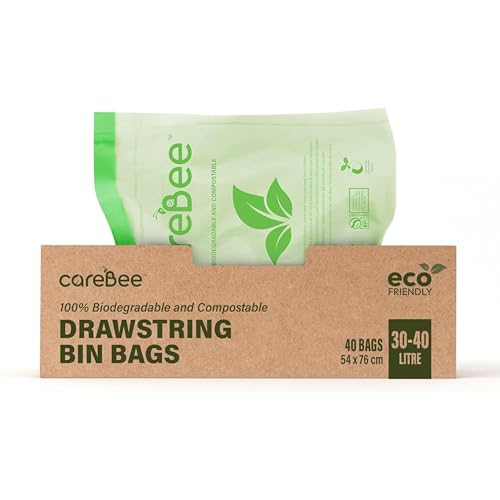 CareBee Drawstring Bin Bags –Heavy Duty Rubbish Bags with Easy-Tie Handles –Leakproof, Tear-Resistant & Odour-Control –Ideal for Home, Kitchen, Office & Outdoor Use (30-40L, 40 Pack)