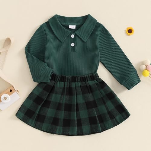 Image of BeQeuewll Fall Winter Toddler Baby Girl Clothes 2Pcs Long Sleeve Ribbed Knit Shirt Plaid Skirt 1T 2T 3T 4T 5T Girls Dress