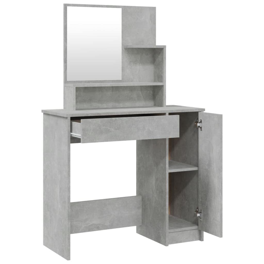 Toaletka z lustrem, kolor szary betonowy z materiału drewnopochodnego, wymiary 86,5 x 35 x 136 cm, z szufladą i półkami, do przechowywania kosmetyków w sypialni