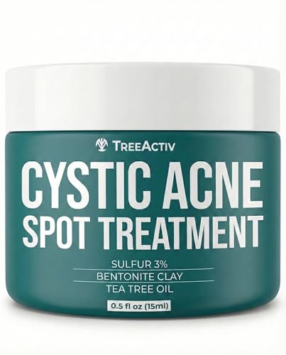 TreeActiv Cystic Acne Spot Treatment Paste with Sulfur, Bentonite Clay, and Tea Tree Oil, Deep Breakouts, 20-Minute or Overnight Application, Suitable for Face and Body, 0.5 oz (120+ Uses)