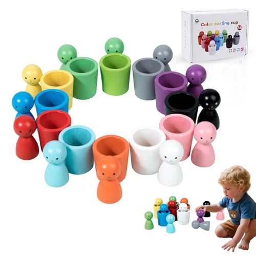 Image of 12PCS Color Sorting Dolls with Wooden Bowls - Matching Games for Toddlers Kids Boys Ages 3-6 - Sensory Training, Math Learning & Montessori STEM Activities