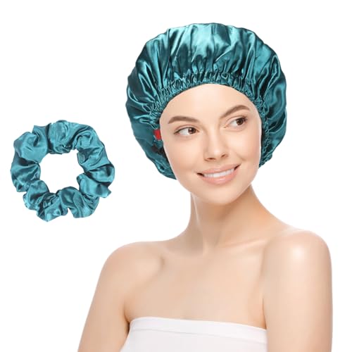 Double Layer Adjustable Satin Dark Green Skin Sleeping Bonnets For Women, Shower Hair Bonnet, Makeup Home Use Soft Elastic Hair Protector for Curly, Natural, Straight Hair.