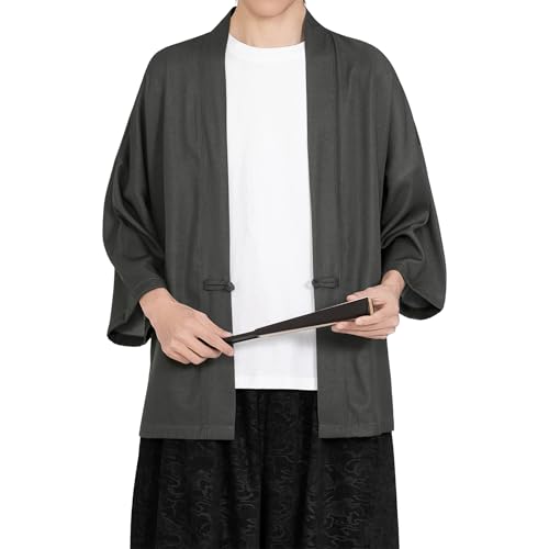 Image of Mens Kimono Cardigan Cotton Linen Japanese Shirt 3 /4 Sleeve Haori Yukata | Skin-Friendly Solid Color Lightweight Shawl Collar Kimono Robe Embroidery Button Tie Pockets Happi Coat All Season Daily Wear