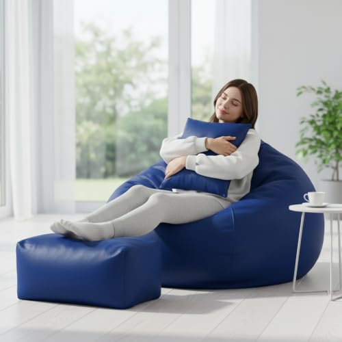 Image of Luxury 5XL Jumbo Bean Bag with Footrest & Cushion | Premium Leatherette | High-Density Beans Filled | Heavy Duty Double Stitch | 6 Months Warranty Color- (Navy Blue) (Royal Blue)