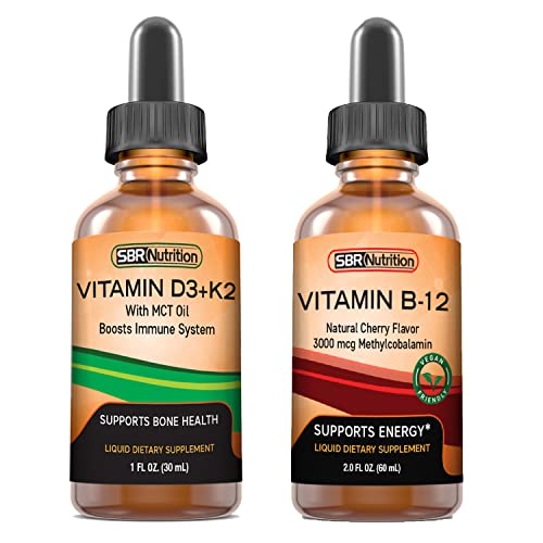 D3+K2 and B12 Bundle by SBR Nutrition | Vitamin D3K2 (MK7) Liquid Drops, Peppermint 1oz | Vitamin B-12 3000mcg Liquid Drops, 2oz | for Adults & Kids | Non-GMO, Gluten Free