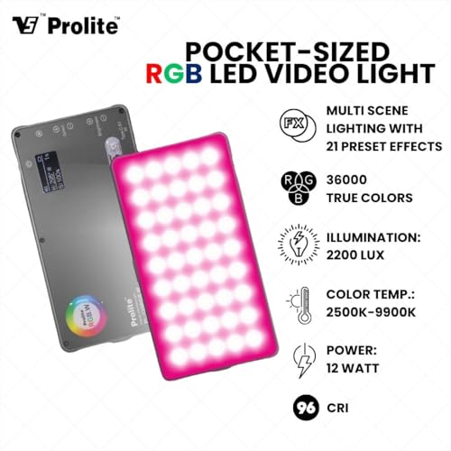 Image of Prolite RGB Pocket LED 12W Video Light with Built-in 4000mAh Rechargeable Battery, Type-C Charging Cable, OLED Display, 21 Light Effect, Hard Carry Case | 96 CRI, 360 Brightness & Color Control