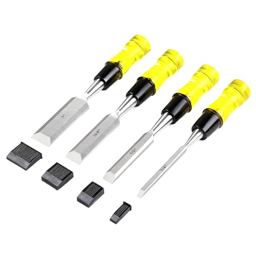Yfzeok Wood Chisel Sets4-Piece Woodworking Tools Set CR-V Steel Beveled Edge Blades with Safety Caps. Durable PVC High Impact Handle for Precision Carving & DIY Projects (1/4 1/2 3/4 1)