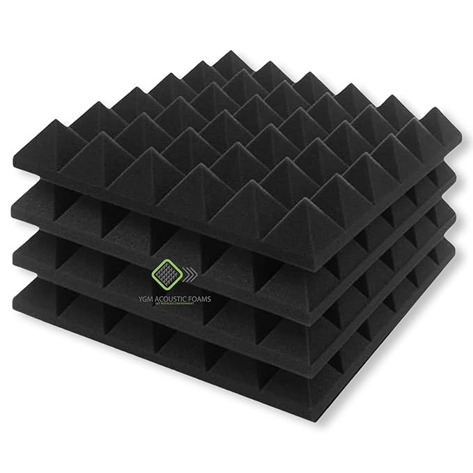 Image of YGM Acoustic Foams Pyramid Acoustic Panels 12″x12″x2″ Thick | Echo & Sound Absorption | Acoustical Sound Proof Foam for Room & Studio | Charcoal Black (50 Density, Set of 4)