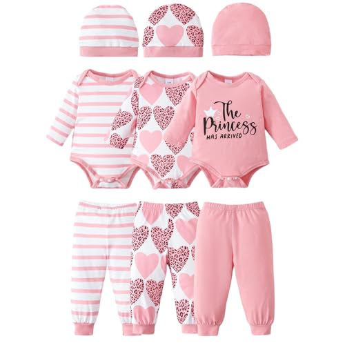 MAISON LOVIN Newborn Baby Girl Clothes Layette Set - 3-Pack Infant Romper, Bodysuits, Pants and Hats - Baby Shower Gifts 0-18 Months