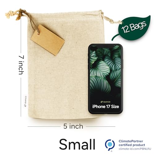 LEAFICO Organic Cotton Reusable Produce Bags - Small 5x7 (12 Pack) - Biodegradable Eco-Friendly Bulk Bin Sacks for Food - Cloth Bags with Drawstrings - Linen Pouch for Fruit, Vegetable Storage