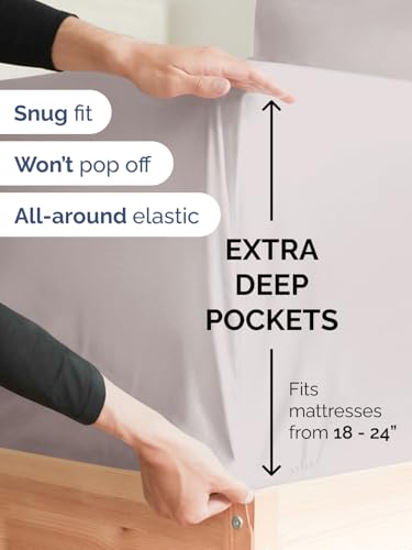 Image of Extra Deep King Fitted Sheet - Single Fitted Sheet Only - Light Grey | Easily Fits 18 inch to 24 inch Mattress, Soft, Wrinkle Free, Breathable & Comfy, Extra Deep Pockets Hotel Luxury Fitted Sheet