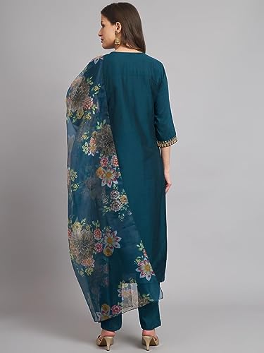 VredeVogel Women's Embroidered Cotton Silk Blend Kurta Pant and Dupatta Set