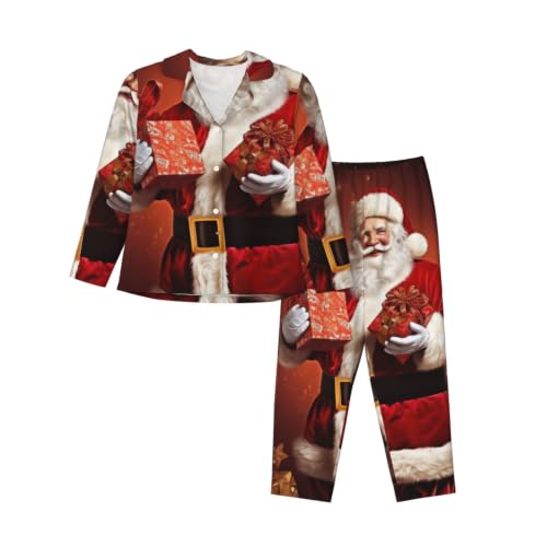 Pyjama chic boutonné pour femme noir avec motif Père Noël et cadeau