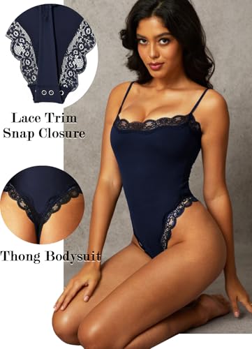 Image of Navneet Women Sexy Lace Bodysuit Lace Trim High Cut Thong Spaghetti Strap Cami Bodysuit Going Out Tank Tops Body Suit