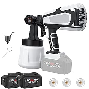 RYUNQ Draadloze verfspuit 2 * 4.0Ah batterij – 21V, elektrisch verfspuitpistool voor muren, hek verfspuit 600ml/min, 1000ml tank, 3 sproeiers, 80 DIN-s, perfect voor buiten, plafond, muren