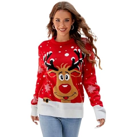 AMOMA Women's Christmas Sweater Casual Crewneck Xmas Tree Reindeer Knit Pullover Sweaters(L,1073DeerRed) Cover