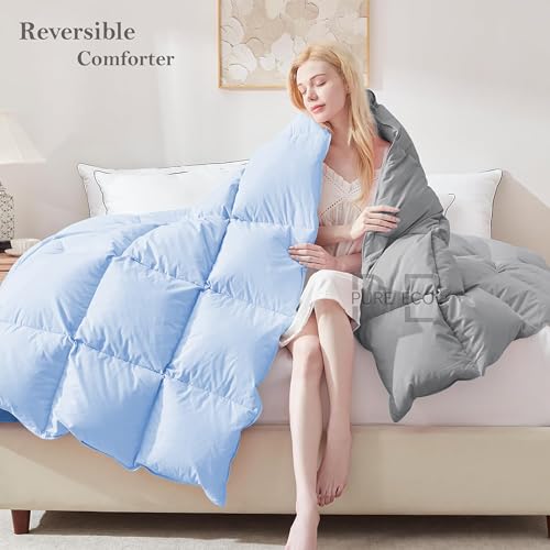 Image of PURE ECO Reversible 300 GSM Comforter King Size - Luxury & Soft Microfiber 300 GSM Comforter for Winter - Duvet /Blanket King Size (90 inchX106 inch) - Sky Blue /Silver Grey Color