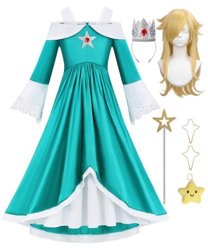 Anjite Girls Galaxy Princess Rosalina Costume Kids Royal Dress Up with Teal Maxi Dress Wig Crown Wand Earrings for Halloween AJ097L