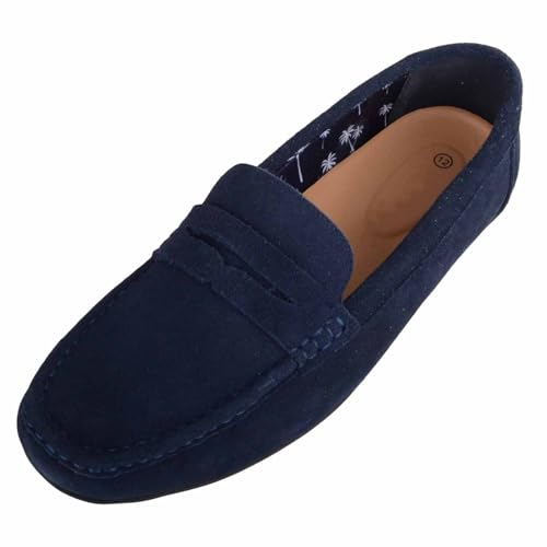ABSOLUTE FOOTWEAR Mens Genuine Leather Suede Easy Slip On Casual Loafer Shoes - Navy - UK 10 / EU 44