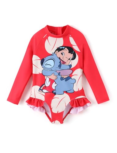 Image of Disney Frozen Stitch Princess Minnie Mouse Girls Swimsuit Long Sleeve Rashguard UPF 50 One Piece Bathing Suit Size 3M-13Y