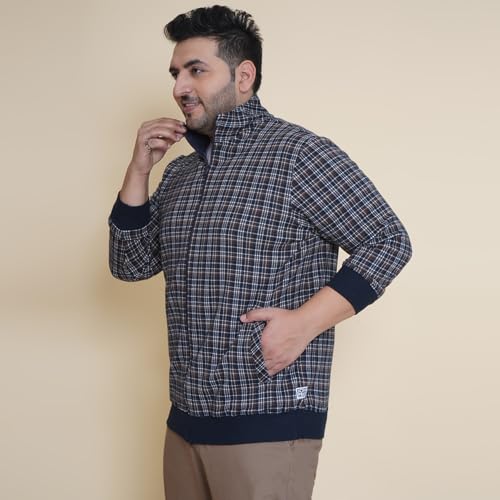 Image of JOHN PRIDE Plus Size Men Regular Checked Navy Blue Front-Open Mock Collar Sweatshirt(JPSWT75203)