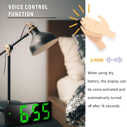 Image of JQGO Digital Alarm Clock, LED Digital Alarm Clock, Mirror, Table Clock, USB Cable, Slim Alarm Clock, 12 /24 Hours, Snooze, Voice Control, Temperature Display, Brightness Adjustable, Bedroom, Green