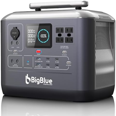 [2000W Boost-up Mode] BigBlue Portable Power Station, PD 100W USB-C, 10ms UPS, Recharge 0-80% in 1.5Hrs, 1075.2Wh LifePo4 Battery Solar Generator with 4 AC Outlets for Emergency, Camping, Power Outage Cover