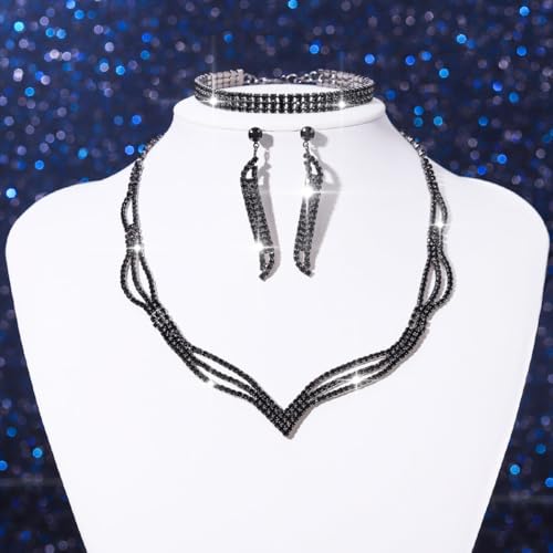 Aukmla Rhinestones Bridal Jewelry Set Silver Sparkly Bride Wedding Necklace Earrings Bracelet Sets Prom Jewelry for Women2