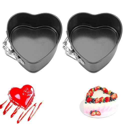Beufee 2PCS Springform Pan Cake Mold Heart Shape, Cake Pan Carbon Steel Mini Cake Molds for Baking with Removable Base Nonstick Cheesecake Pan Mini Cheesecakes, Pizz