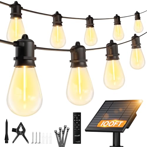 Minetom 100FT Solar-String-Lights-Outdoor-Waterproof, 31+2LED S14 Shatterproof Bulb, Patio Lights with Remote Type-C Port Timable, 3 Light Modes Dimmable Solar String Lights for Outside, Yard, Camping