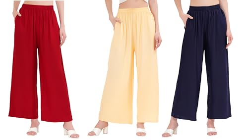 Image of Buy That Trendz Palazzo Pants for Women Rayon Elasticated Regular Fit Flared Wide Leg M to 6XL Pack of 3