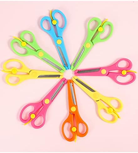 Miniatura 7 de Paquete de 5 tijeras de plástico para niños, tijeras coloridas de seguridad para manualidades, tijeras de entrenamiento preescolar con mango de