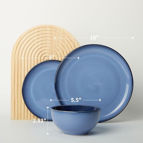 Image of Pokini Stoneware Dinnerware Sets, Ceramic Plates and Bowls Set, Microwave & Dishwasher Safe Kitchen Dish Set, Modern Dinner Plates | Salad Plate | Cereal Bowls for 4, Dishware Sets Blue