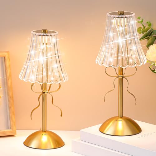 Image of Liliful 2 Pcs Cordless Table Lamp Rechargeable Touch LED Small Gold Portable Battery Operated USB-c Desk Lamp 3 Color Dimmable for Bedroom Living Room Dining (Gold,Bow Rose Style)