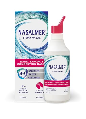 Nasalmer Spray Nasal Fuerza Fuerte 3, 100% Agua de Mar, Alivio de la Congestión, Adultos y Niños +10 años, 135 ml