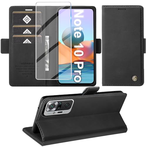 Giyer für Xiaomi Redmi Note 10 Pro/10 Pro Max Hülle mit Schutzfolie Handyhülle PU Leder Wallet Flip Case Schutzhülle Redmi Note 10 Pro/10 Pro Max 5G Klapphülle mit Kartenfach Standfunktion (Schwarz)