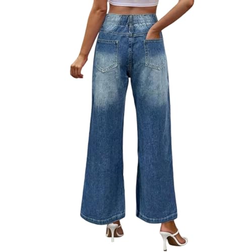 Pantalon évasé femme décontracté à jambe large jean droit stretch à poches pas cher
