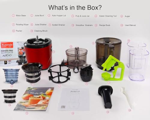 Image of Kuvings Professional Cold Press Whole Slow Juicer, World's First Juicer with Patented Automatic-Cutting Auger to reduce juicing time (AUTO 10 Red + Smoothie & Sorbet)