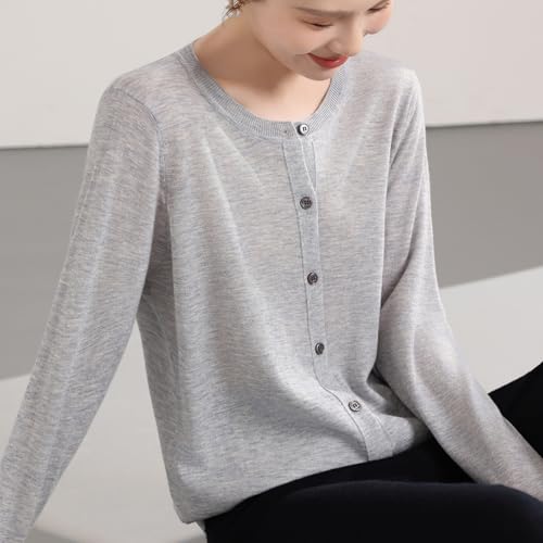 Image of Women's 100% Merino Wool Crew Neck Cardigan Sweater Top Long Sleeve Button Down 2025
