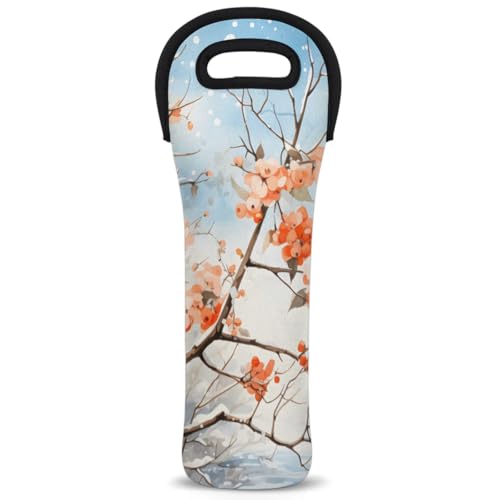 Neoprene Wine Tote Carrier Bag for Wine,Water, Champagne, Beer, Baby Bottles 15.6 x 5.1 Inches, Protective Wine Bag,Plum Blossom
