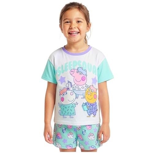 Get Trend Peppa Pig Girls Pajamas Toddler 2 Piece Short Sleeve Top & Shorts Soft Summer PJs Kids Sleepwear Ages 18M-5Y (4-5 Years White/Green Peppa Pig)