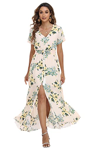 Image of VintageClothing Women's Floral Maxi Dresses Boho Button Up Split Summer Casual Long Dress Beach Party Dress